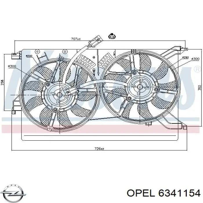 6341154 Opel difusor de radiador, ventilador de refrigeración, condensador del aire acondicionado, completo con motor y rodete