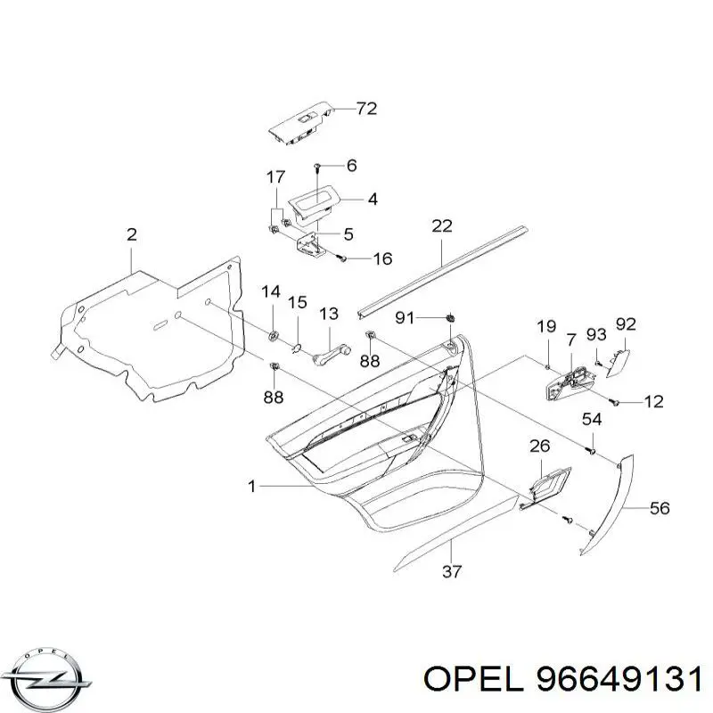 96649131 Opel moldura de la puerta trasera derecha