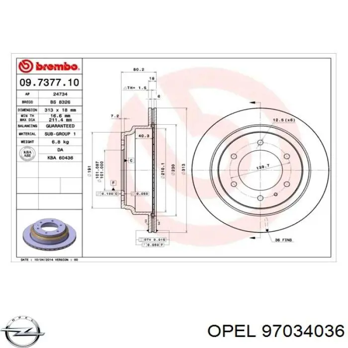 97034036 Opel disco de freno trasero