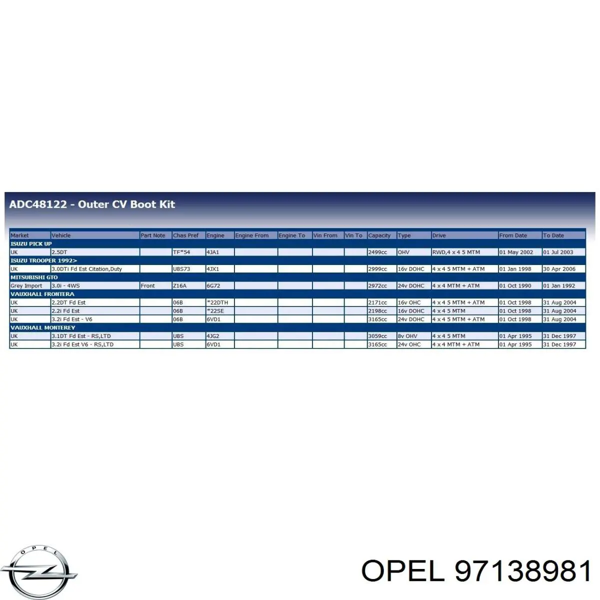 Comprar 97138981 Opel Fuelle de palier delantero exterior