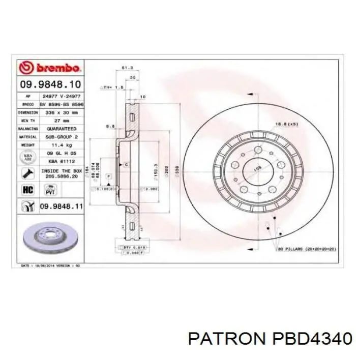 PBD4340 Patron freno de disco delantero