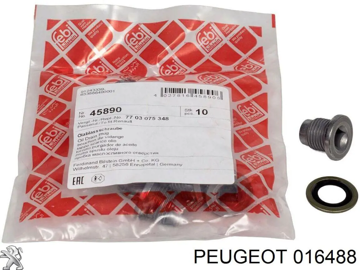 Comprar 016488 Peugeot/Citroen Junta del tapón del cárter de aceite