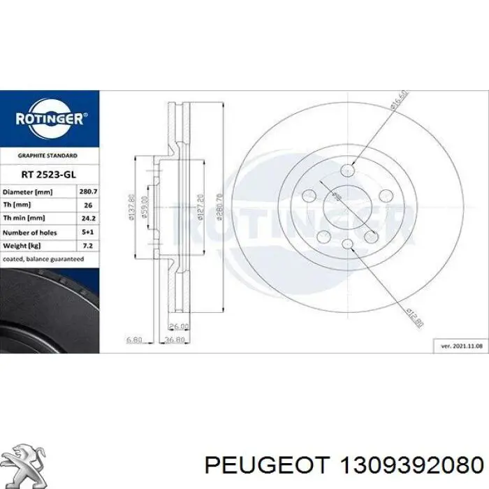 1309392080 Peugeot/Citroen freno de disco delantero