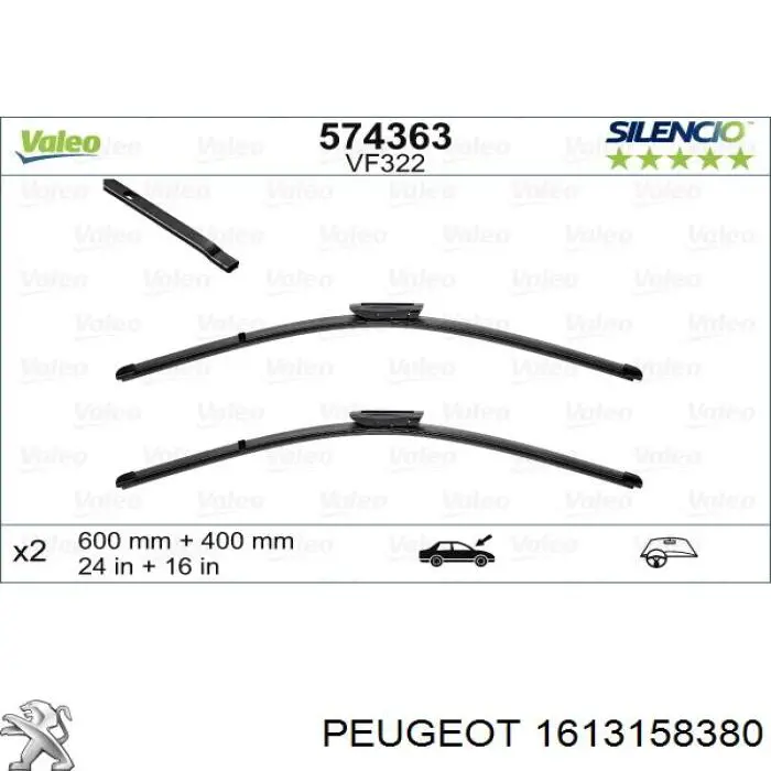 1613158380 Peugeot/Citroen juego de limpiaparabrisas de luna delantera, 2 piezas