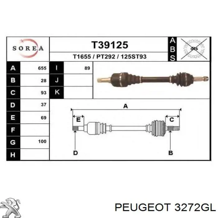 3272GL Peugeot/Citroen árbol de transmisión delantero izquierdo
