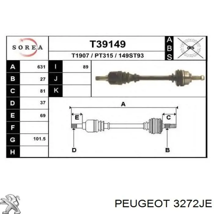 00003272SQ Peugeot/Citroen árbol de transmisión delantero izquierdo