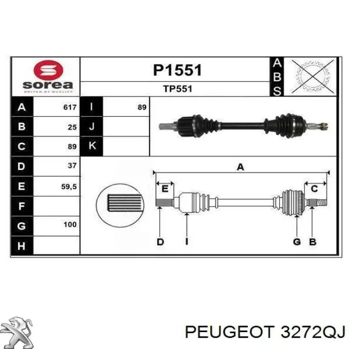 3272QH Peugeot/Citroen árbol de transmisión delantero izquierdo