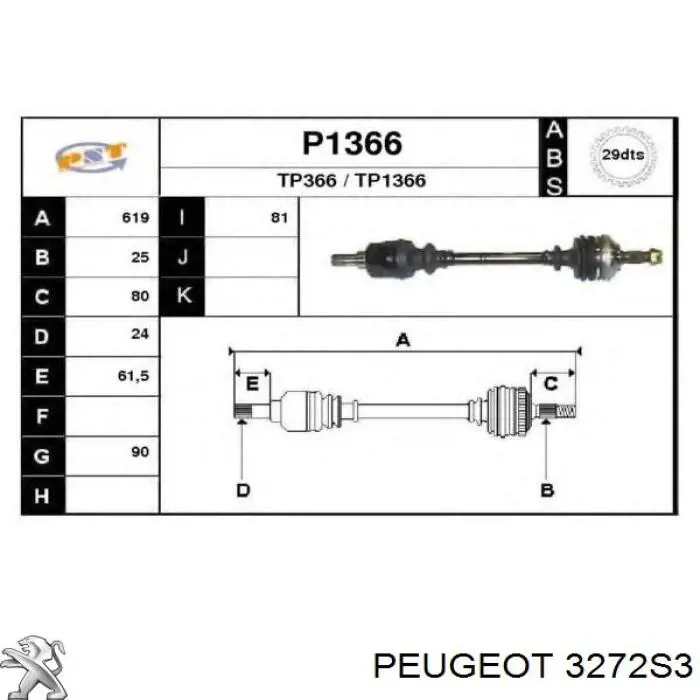 3272S3 Peugeot/Citroen árbol de transmisión delantero izquierdo