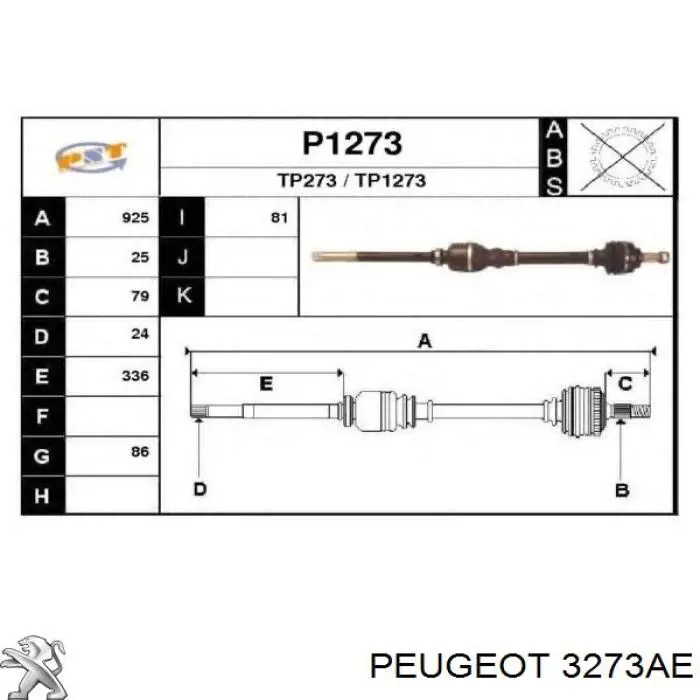 3273AE Peugeot/Citroen árbol de transmisión delantero derecho