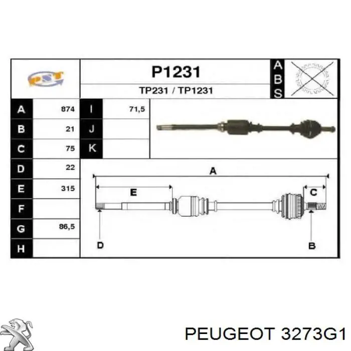 3273G1 Peugeot/Citroen árbol de transmisión delantero izquierdo