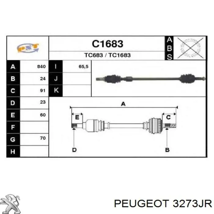 3273JR Peugeot/Citroen árbol de transmisión delantero derecho