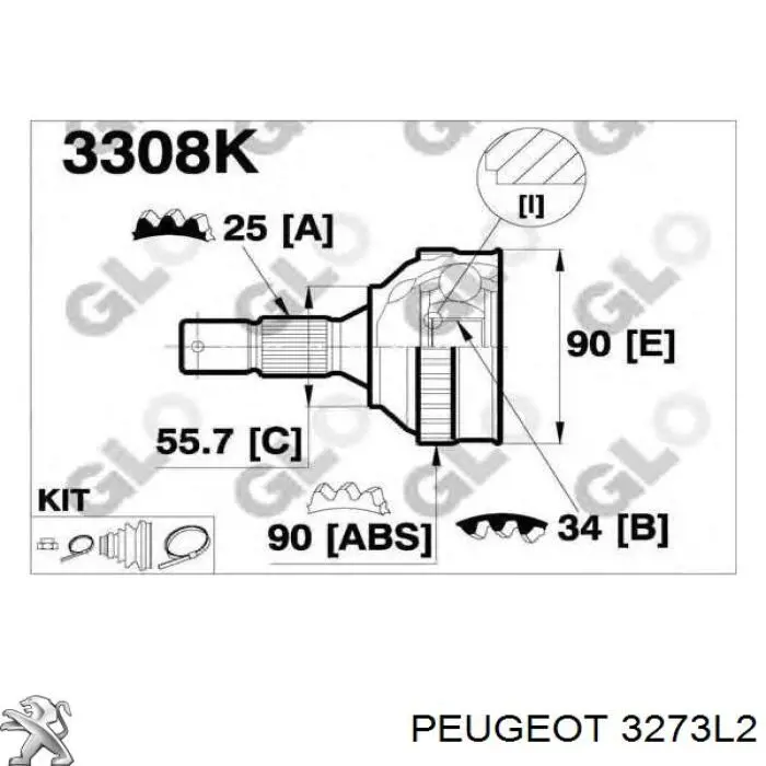 3273L2 Peugeot/Citroen árbol de transmisión delantero derecho