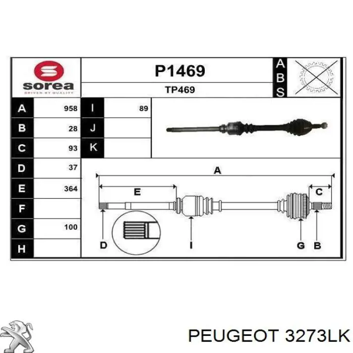 00003273LK Peugeot/Citroen árbol de transmisión delantero derecho