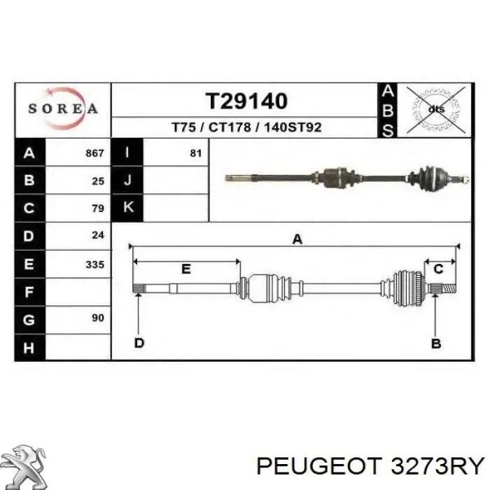 3273RY Peugeot/Citroen árbol de transmisión delantero derecho