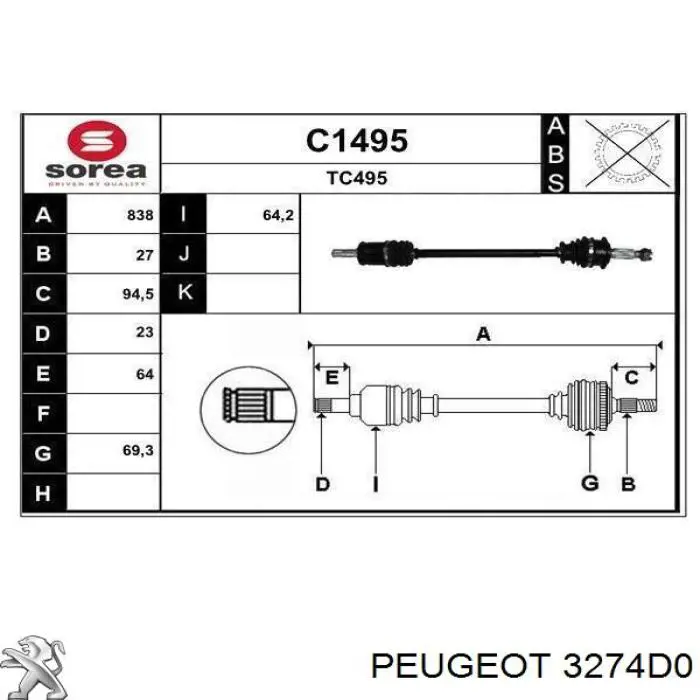 Semieje trasero derecho Peugeot/Citroen 3274D0 precio, desde 66,34 EUR