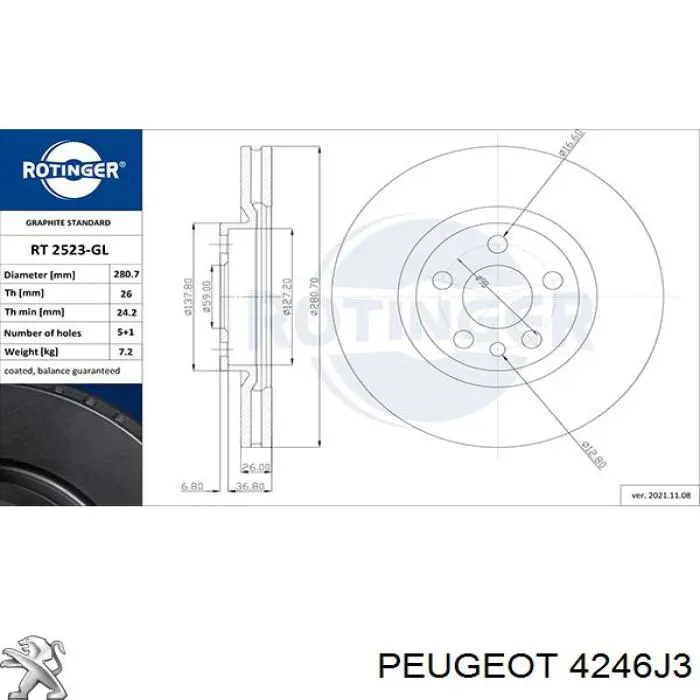 4246J3 Peugeot/Citroen freno de disco delantero