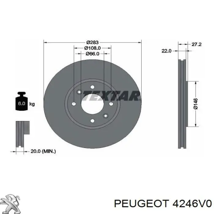 4246V0 Peugeot/Citroen freno de disco delantero