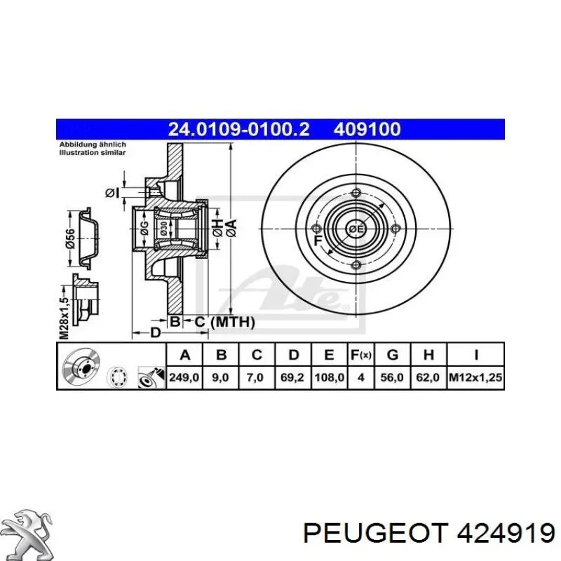 Disco de freno trasero 424919 Peugeot/Citroen
