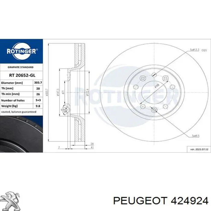 424924 Peugeot/Citroen disco de freno delantero