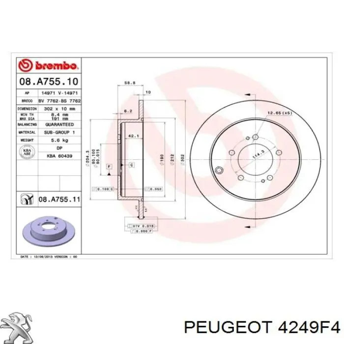 4249F4 Peugeot/Citroen disco de freno trasero