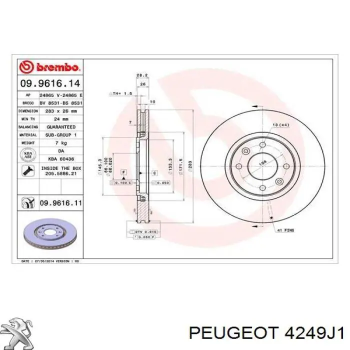 Comprar 4249J1 Peugeot/Citroen Freno de disco delantero