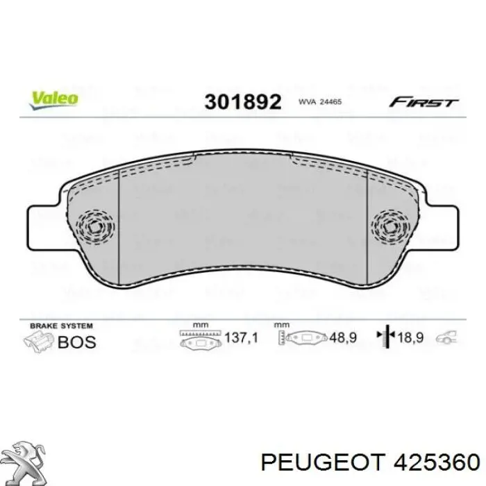 425360 Peugeot/Citroen pastillas de freno traseras