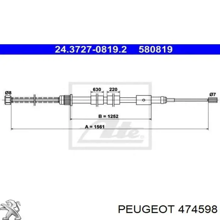 474598 Peugeot/Citroen cable de freno de mano trasero derecho