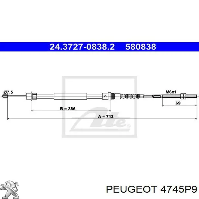 Cable de freno de mano trasero derecho para Peugeot 607 (9D, 9U)