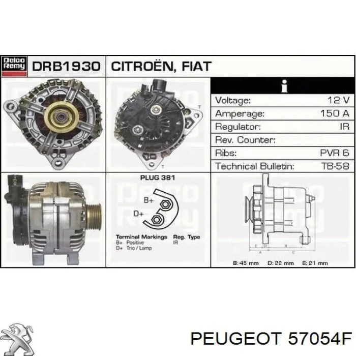 Alternador del motor Peugeot/Citroen 57054F precio, desde 78,41 EUR
