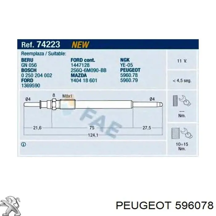 596078 Peugeot/Citroen bujía de precalentamiento
