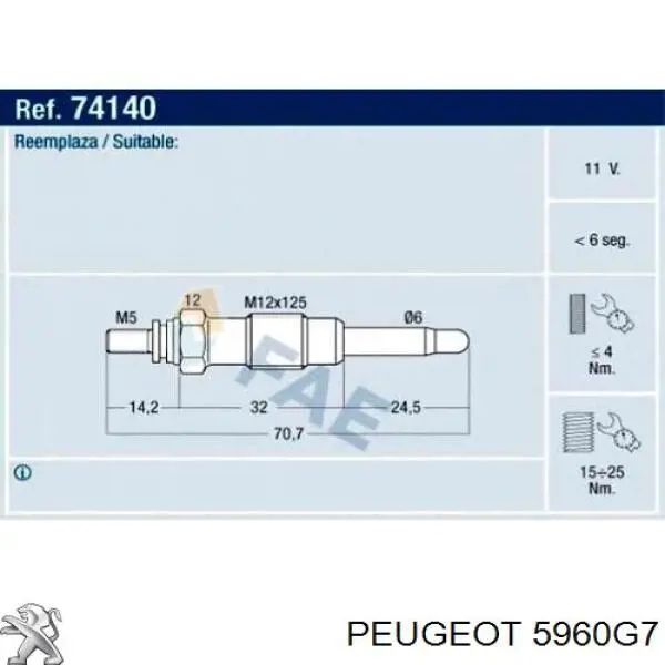 Bujía de precalentamiento Peugeot/Citroen 5960G7