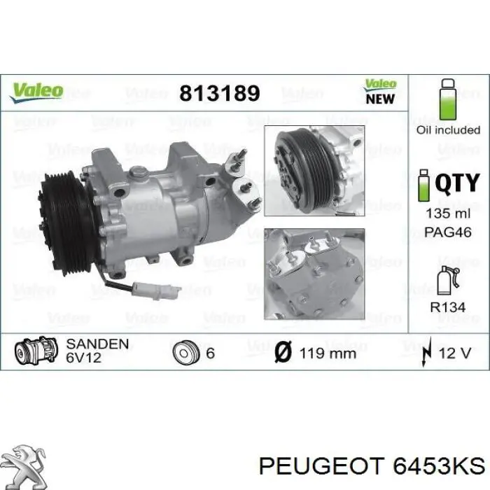 6453KS Peugeot/Citroen compresor de aire acondicionado