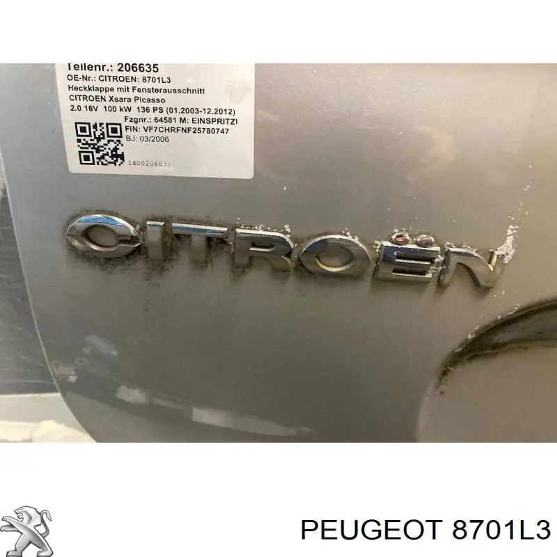 8701L3 Peugeot/Citroen puerta del maletero, trasera