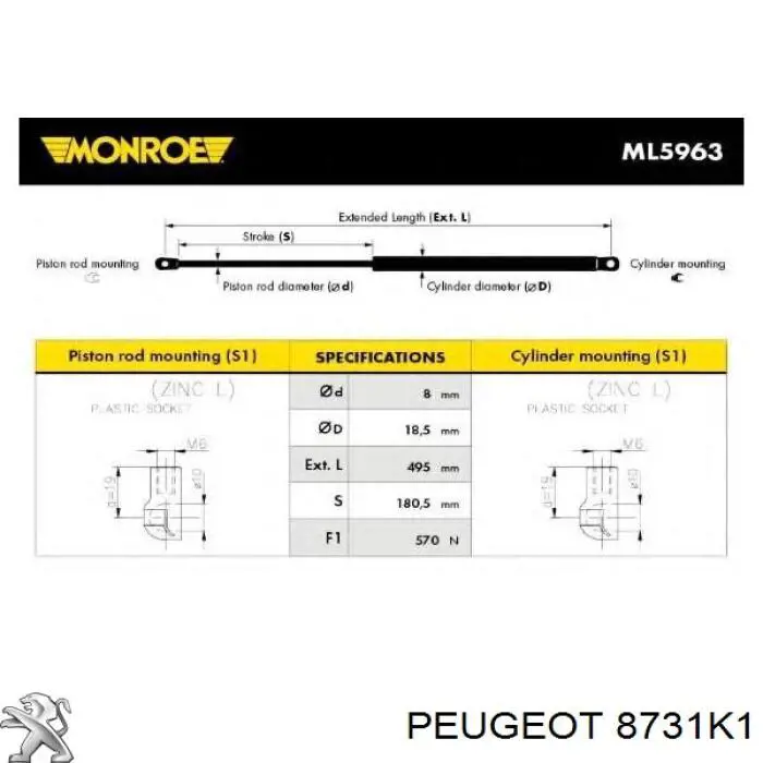 8731K1 Peugeot/Citroen amortiguador maletero