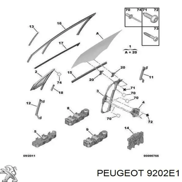 9202E1 Peugeot/Citroen ventana de vidrio puerta delantera derecha