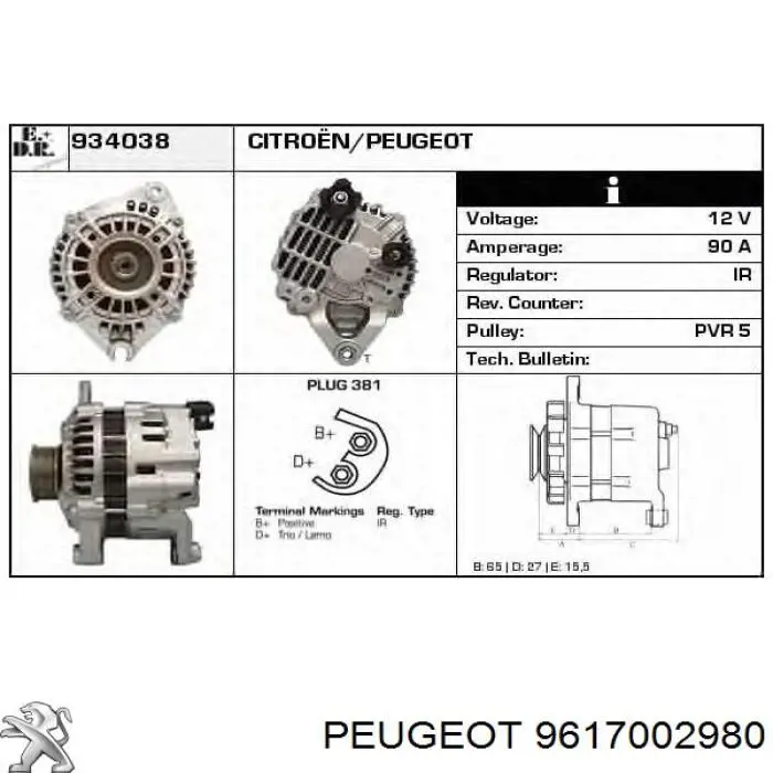 9610870980 Peugeot/Citroen Alternador de coche