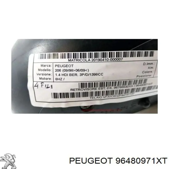 96480971XT Peugeot/Citroen espejo retrovisor derecho