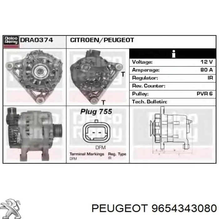 Generador Peugeot/Citroen 9654343080