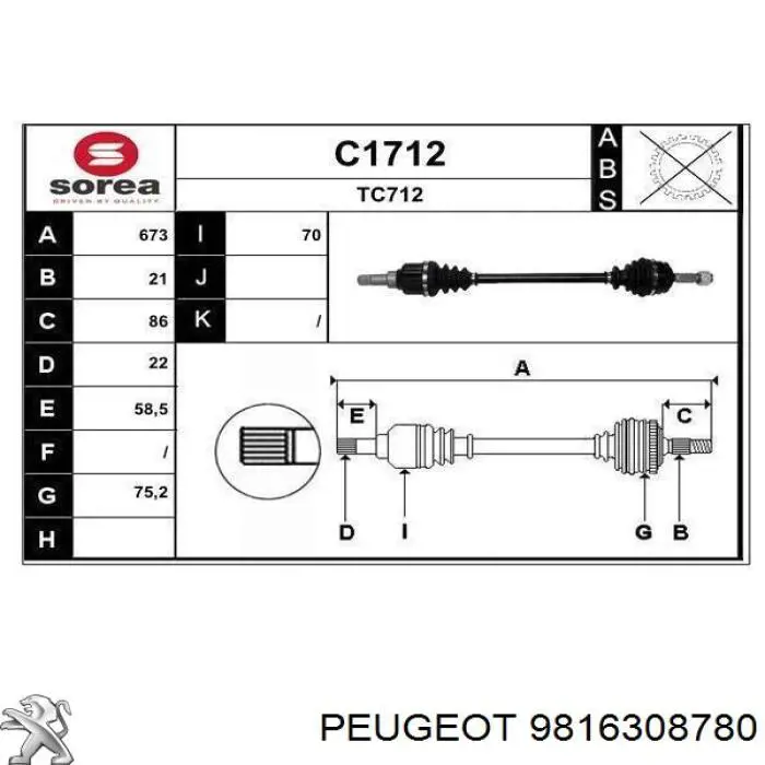 9803968480 Peugeot/Citroen árbol de transmisión delantero izquierdo