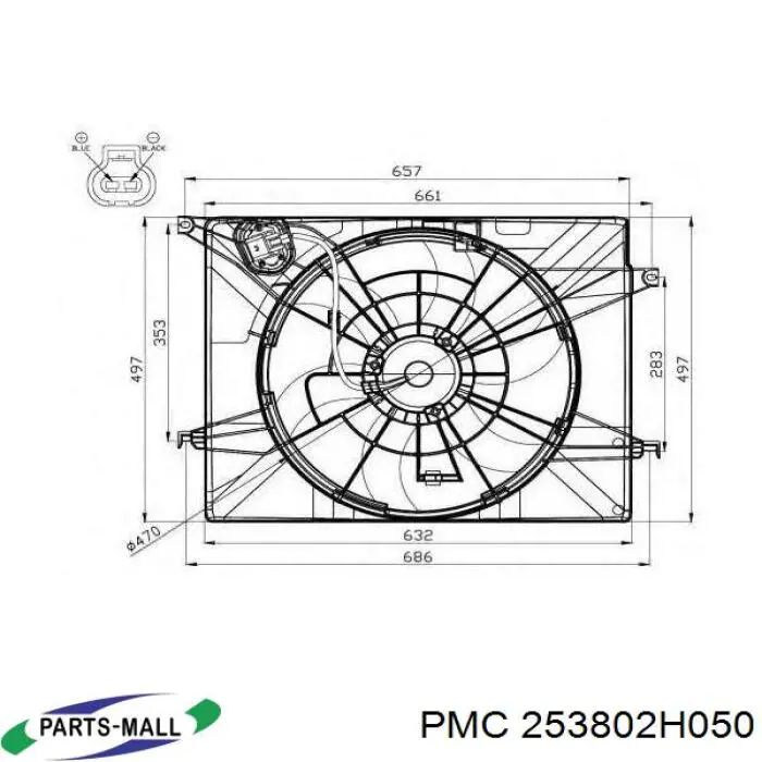 253802H050 Parts-Mall difusor de radiador, ventilador de refrigeración, condensador del aire acondicionado, completo con motor y rodete