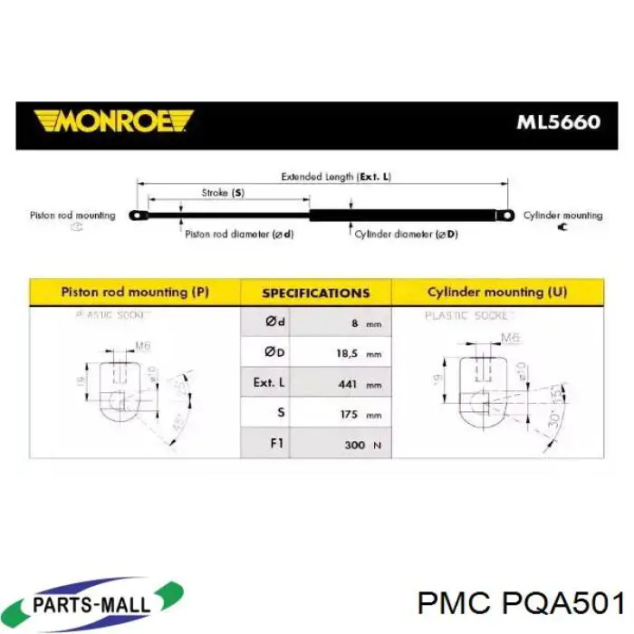 PQA501 Parts-Mall amortiguador para porton trasero (3/5 puertas traseras (lisas)