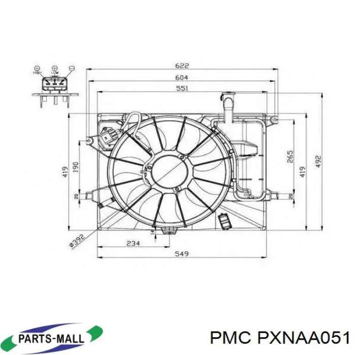 PXNAA-051 Parts-Mall difusor de radiador, ventilador de refrigeración, condensador del aire acondicionado, completo con motor y rodete