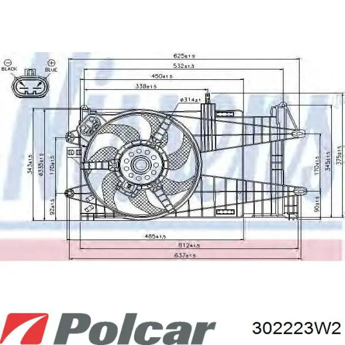 302223W2 Polcar difusor de radiador, ventilador de refrigeración, condensador del aire acondicionado, completo con motor y rodete