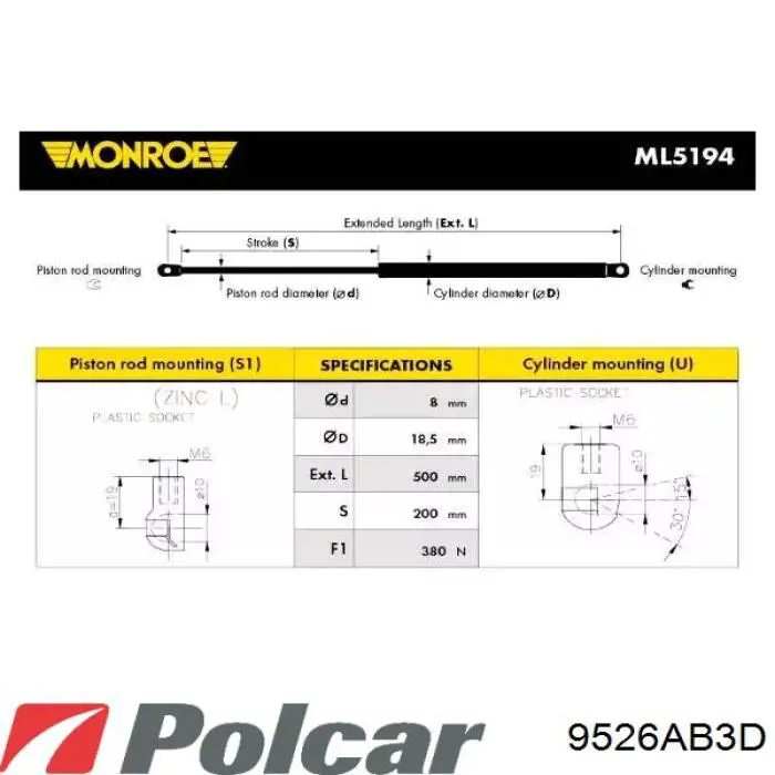 9526AB3D Polcar amortiguador de maletero