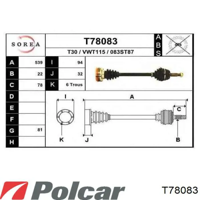 T78083 Polcar árbol de transmisión delantero izquierdo