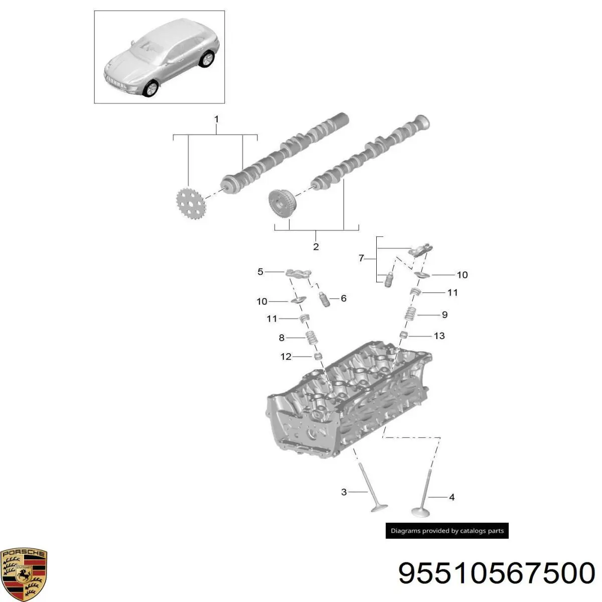 95510567500 Porsche sello de aceite de valvula (rascador de aceite Entrada/Salida)