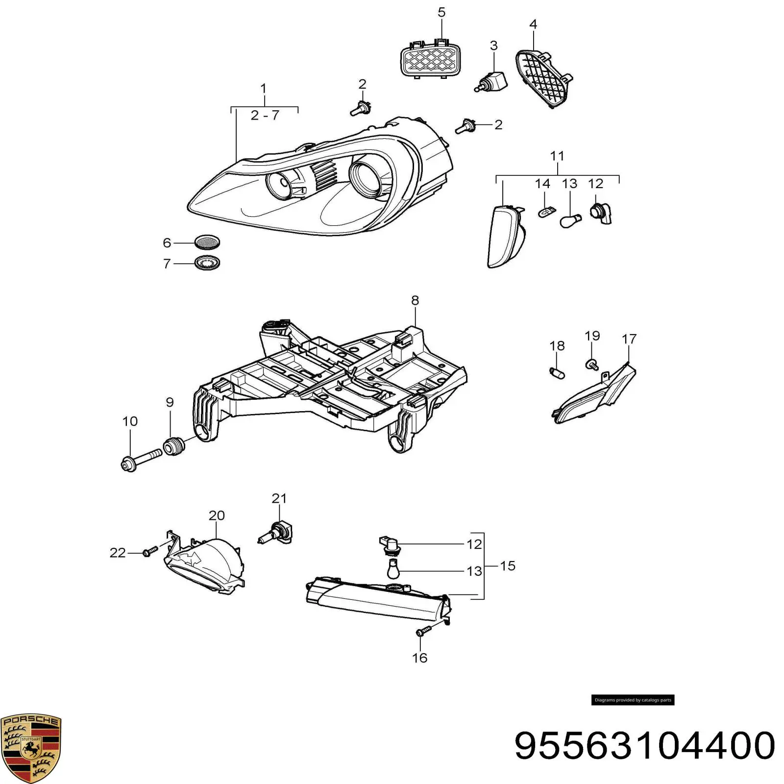 95563104400 Porsche soporte, faro principal delantero derecho