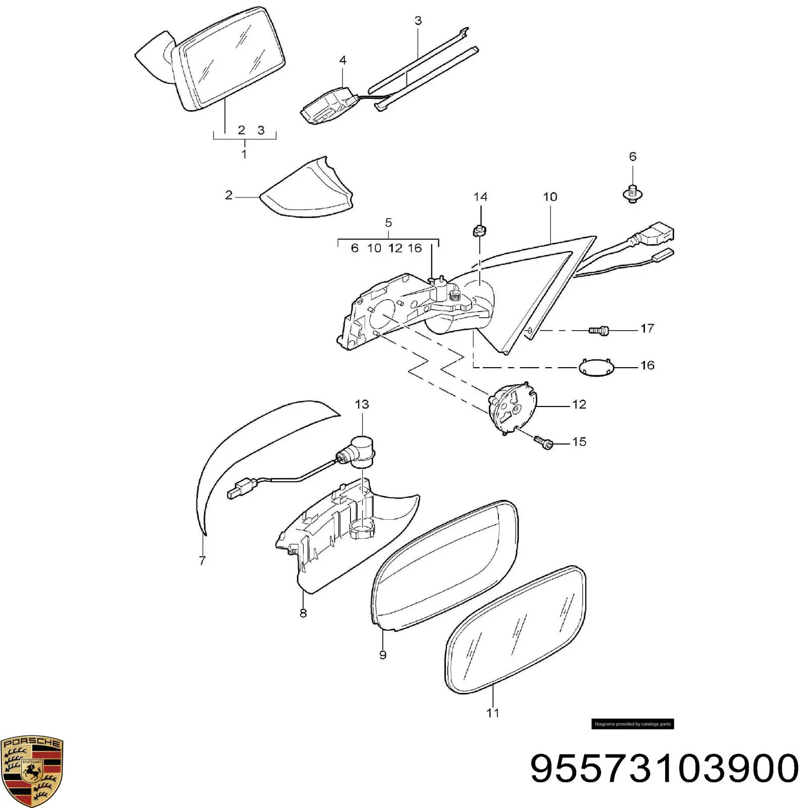 95573103900 Porsche cristal de espejo retrovisor exterior izquierdo