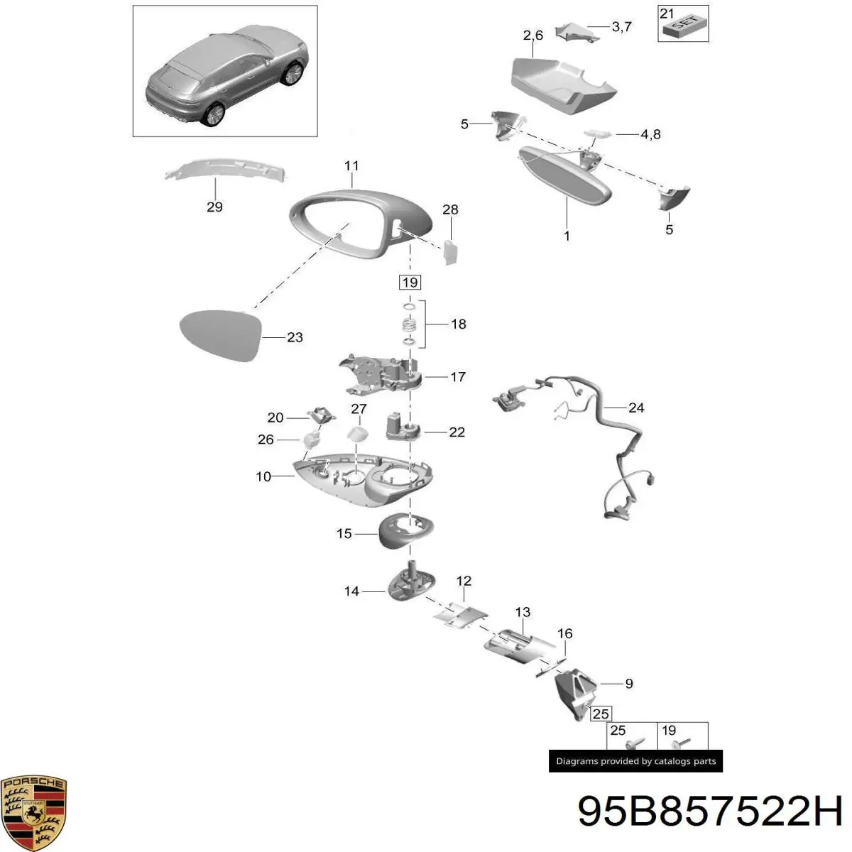 95B857522H Porsche cristal de espejo retrovisor exterior derecho