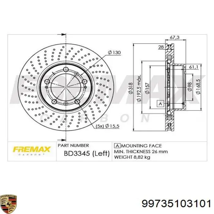 99735103101 Porsche freno de disco delantero